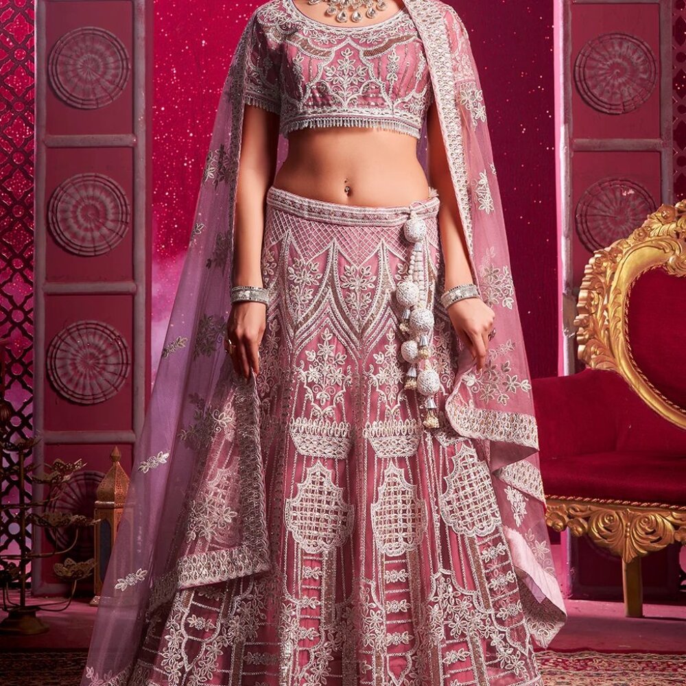 Designer Mauve Pink Bridal Wear Embroidered Lehenga Choli